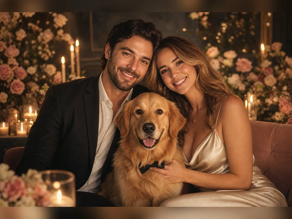 Anniversary Couple & Pet owner and pet portrait template preview