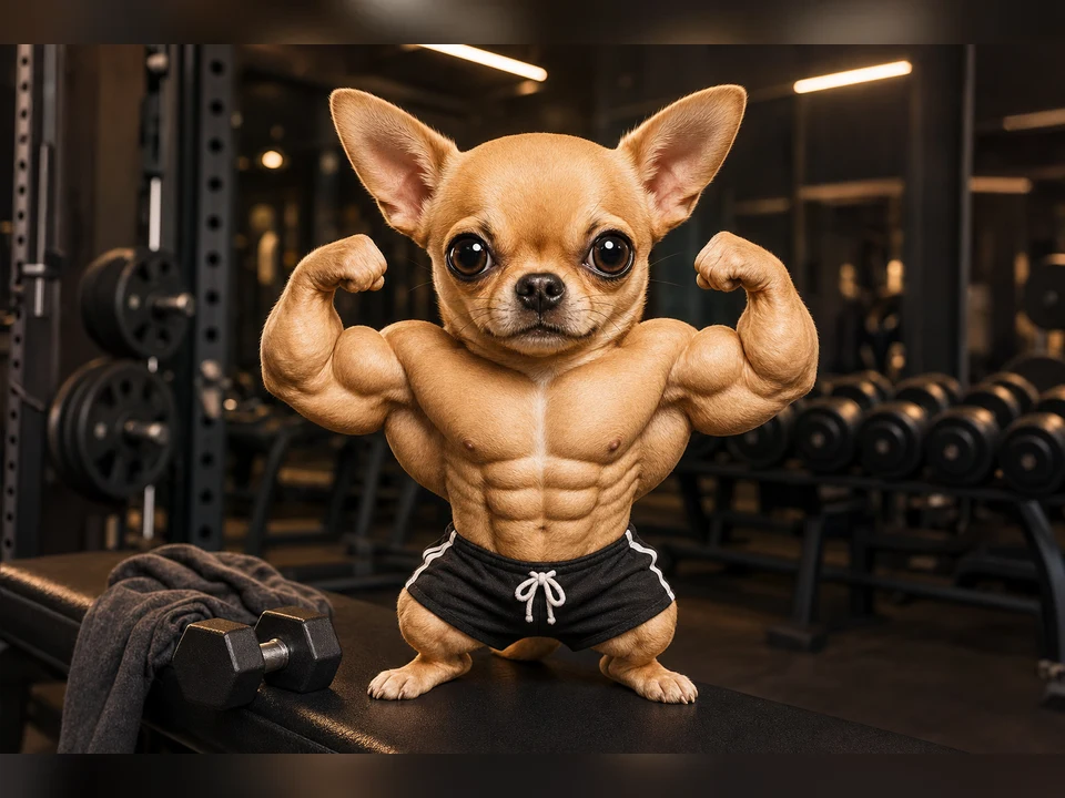 Buff Chihuahua Gym Poster character pet portrait template preview for a dog or cat