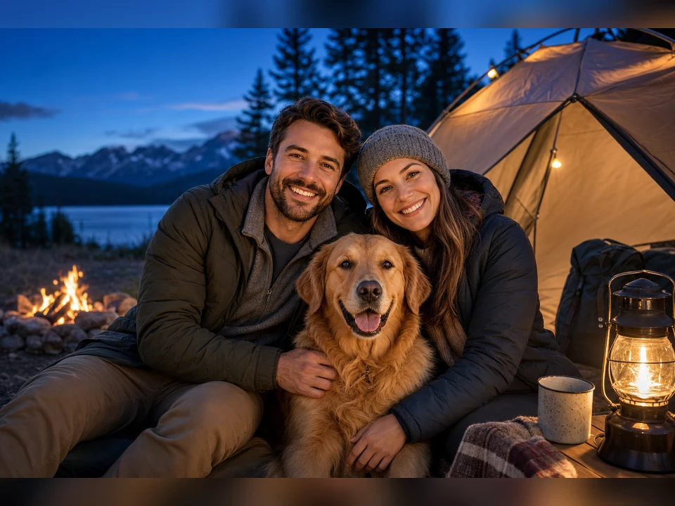 Camping Trip Couple + Pet owner and pet portrait template preview