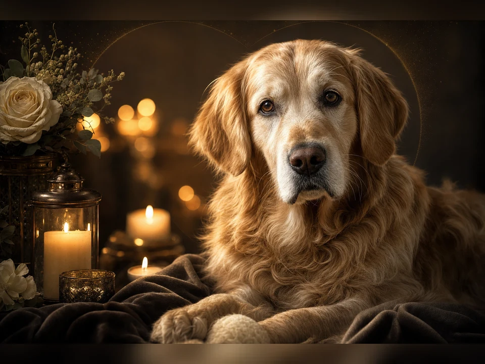 Candlelight Keepsake memorial pet portrait template preview for a dog or cat