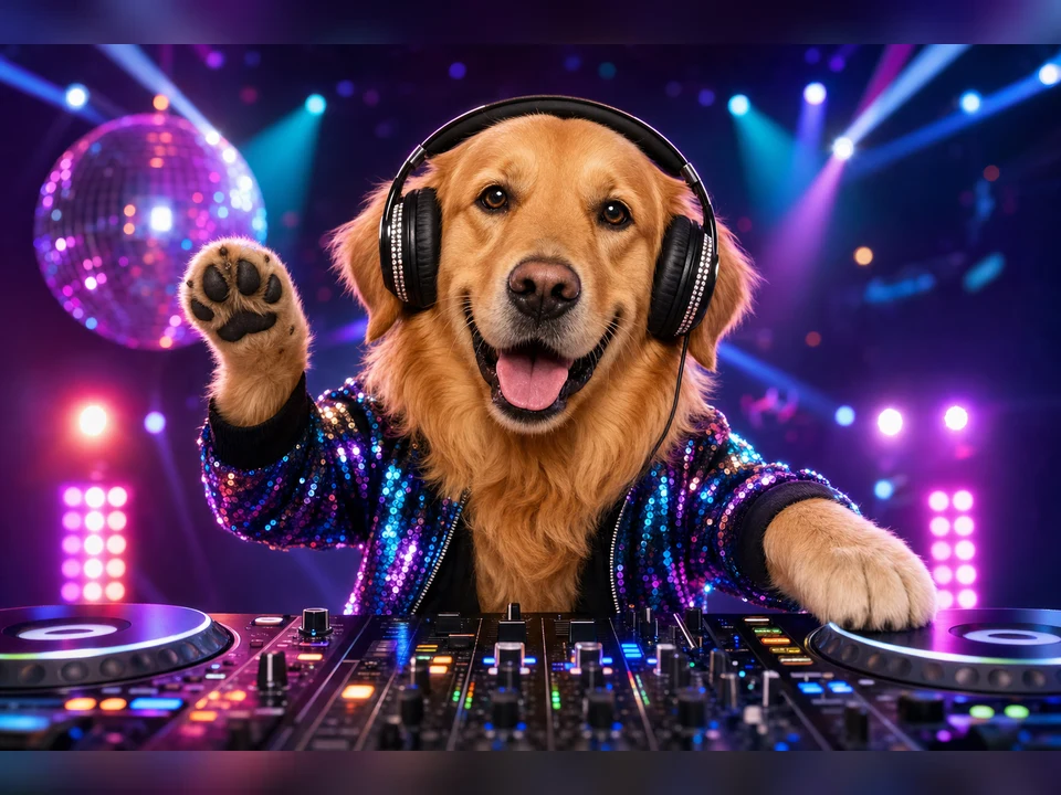 DJ Party Pet character pet portrait template preview for a dog or cat