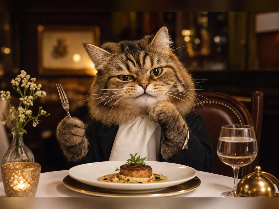 Food Critic Cat character pet portrait template preview for a dog or cat