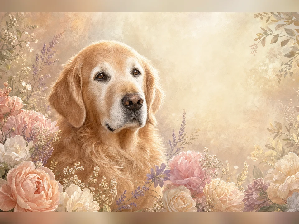 Forever Loved Floral memorial pet portrait template preview for a dog or cat