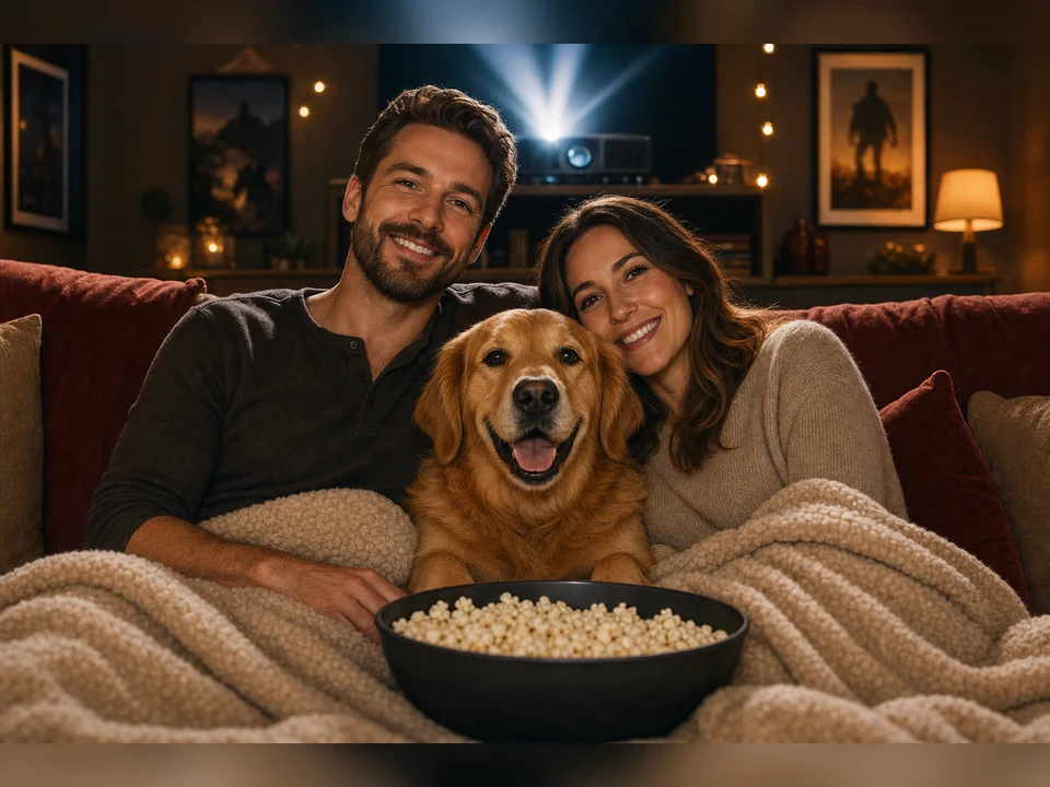 Movie Night Couple + Pet owner and pet portrait template preview