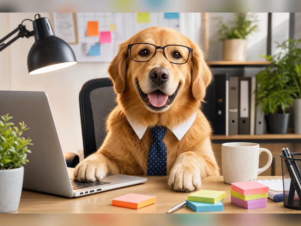 Office Worker Pet character pet portrait template preview for a dog or cat
