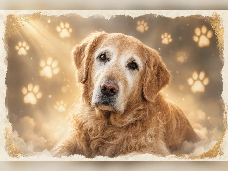 Pawprints in Light memorial pet portrait template preview for a dog or cat