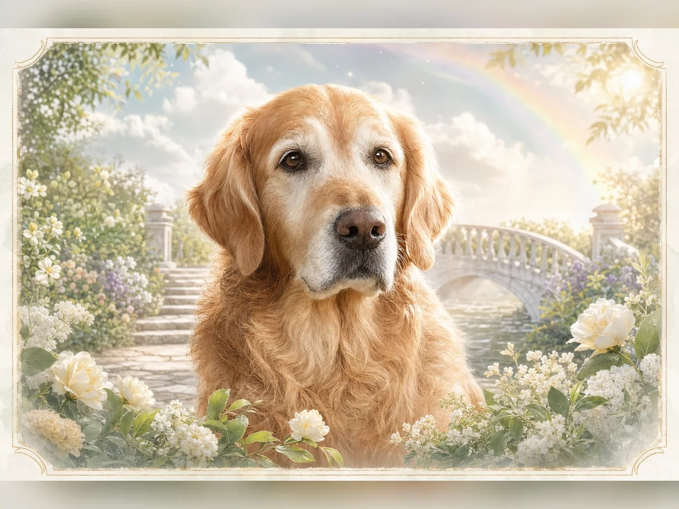 Memorial dog portrait with soft wings