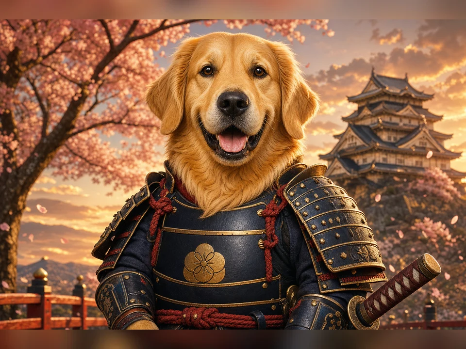 Samurai Pet Hero character pet portrait template preview for a dog or cat