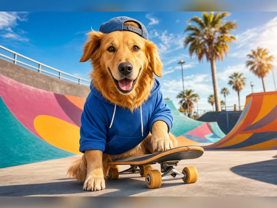 Skateboard Pet character pet portrait template preview for a dog or cat