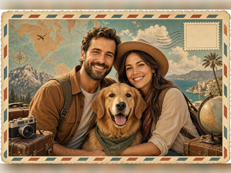 Travel Postcard Couple + Pet owner and pet portrait template preview