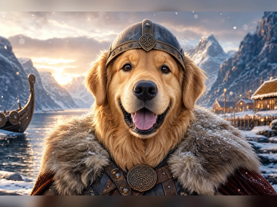 Viking Adventure Dog character pet portrait template preview for a dog or cat