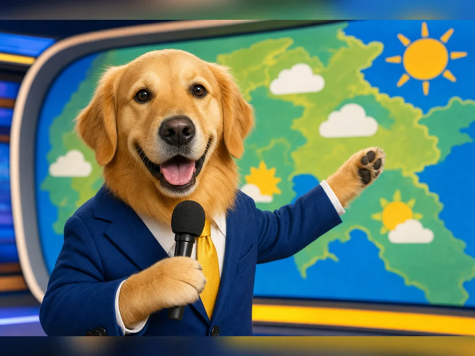 Weather Reporter Pet character pet portrait template preview for a dog or cat