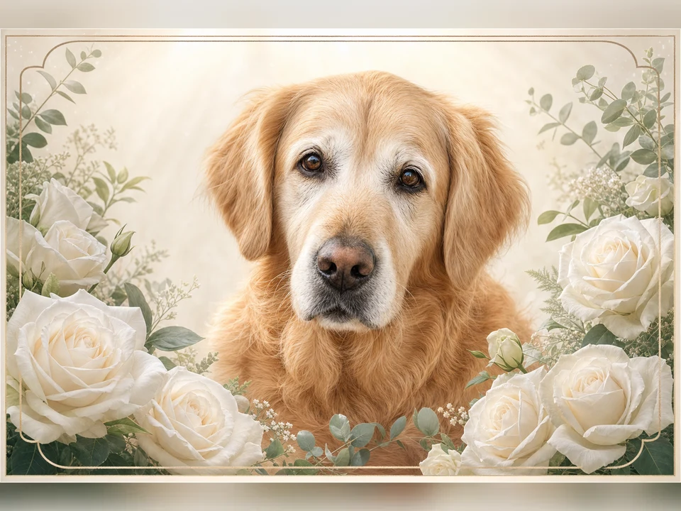 White Rose Memorial memorial pet portrait template preview for a dog or cat