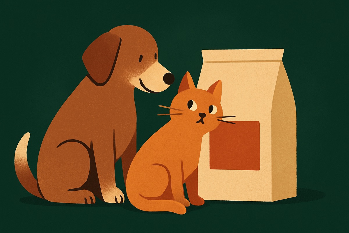 Illustration of a dog and cat looking at a pet food bag on a deep forest green background