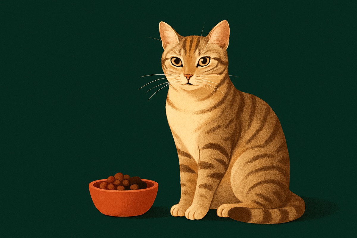 Illustration of a calm tabby cat next to a terracotta food bowl on a deep forest green background