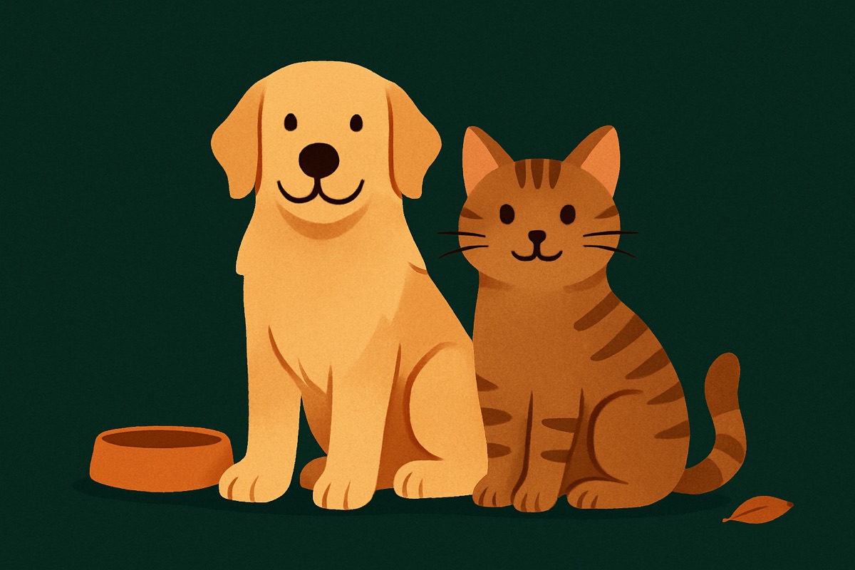Illustration of a friendly dog and calm cat against a deep forest green background