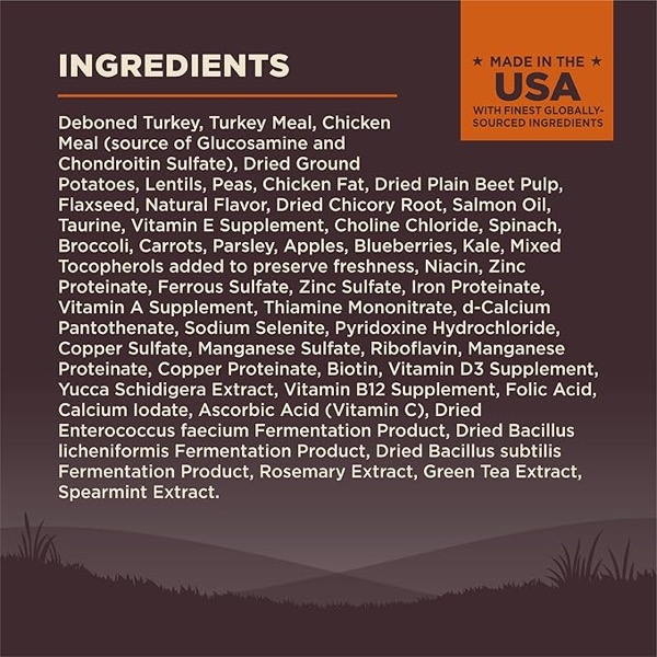 Example photo: a pet food bag Ingredients block listing ingredients.